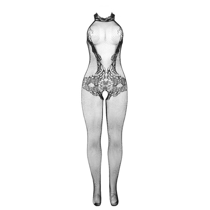 Bodystocking Crotchless de Rejilla y Encaje Negro