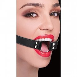 Ouch gag with ribbons of leather black